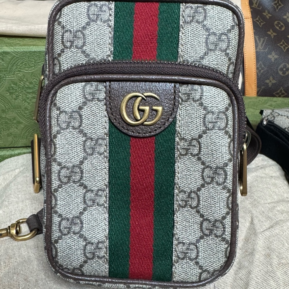 Gucci Beige and Brown Crossbody Bag with Red and Green Stripe